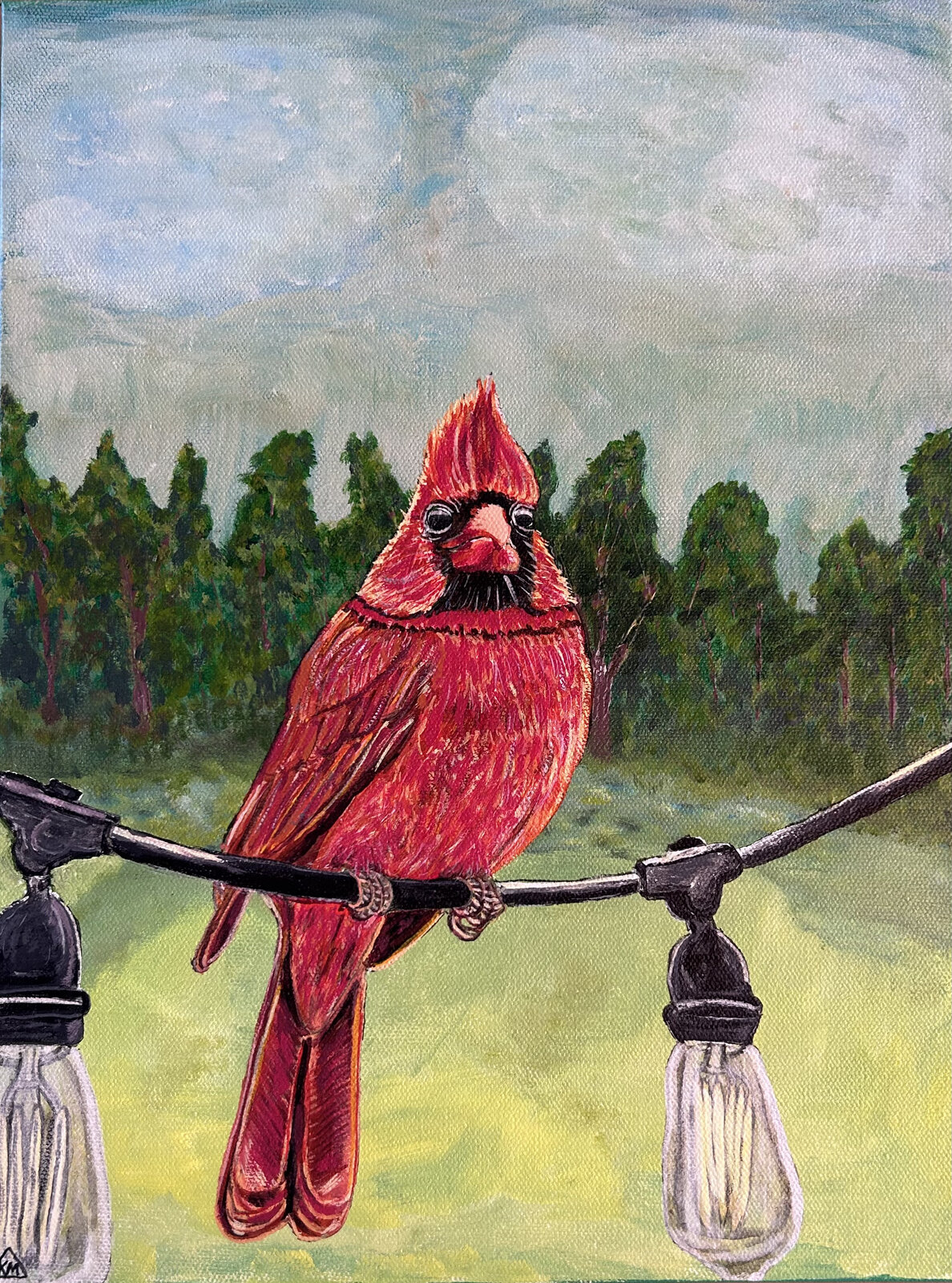 Cardinal Couch, a painting of a cardinal perched on a string of patio lights, by Kate Matthews